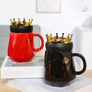King Queen Double Ceramic Mugs with Crown Cap